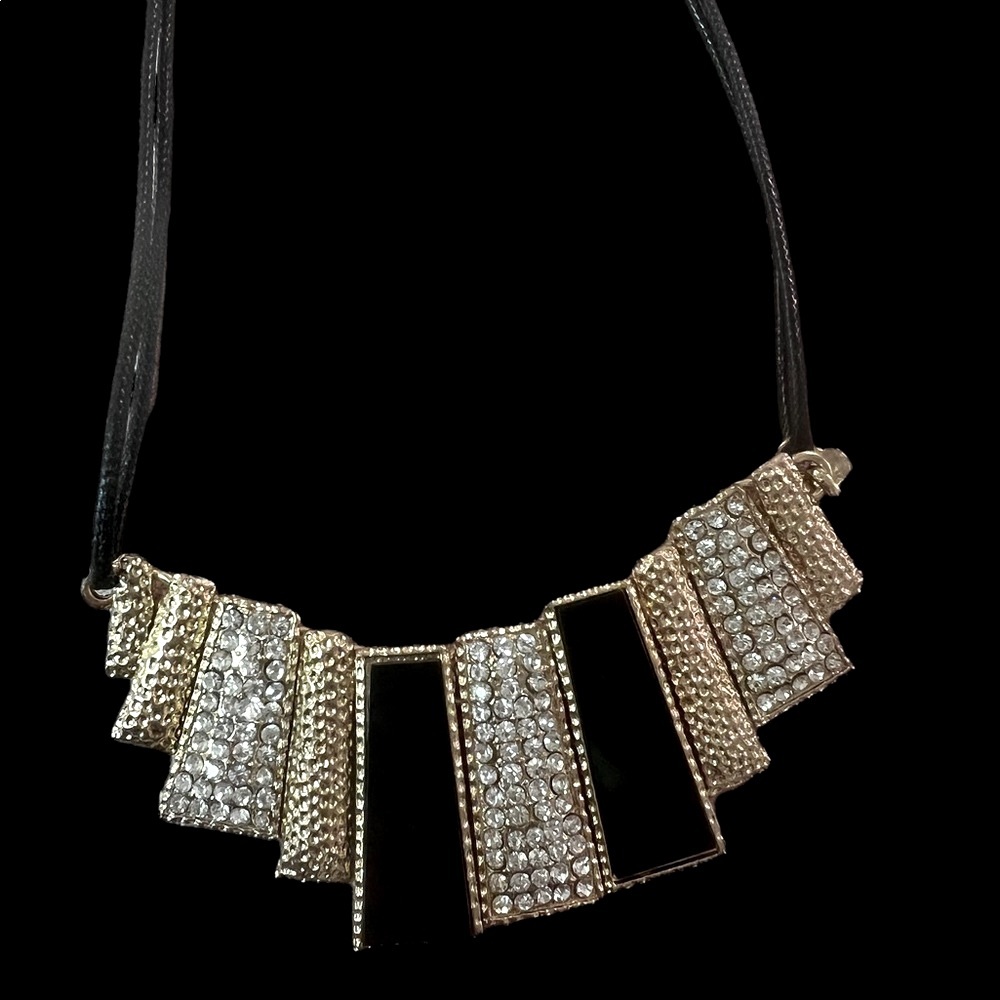 BLACK AND GOLD CRYSTAL EMBELLISHED NECKLACE W/DOUBLE BLACK LEATHER CORD